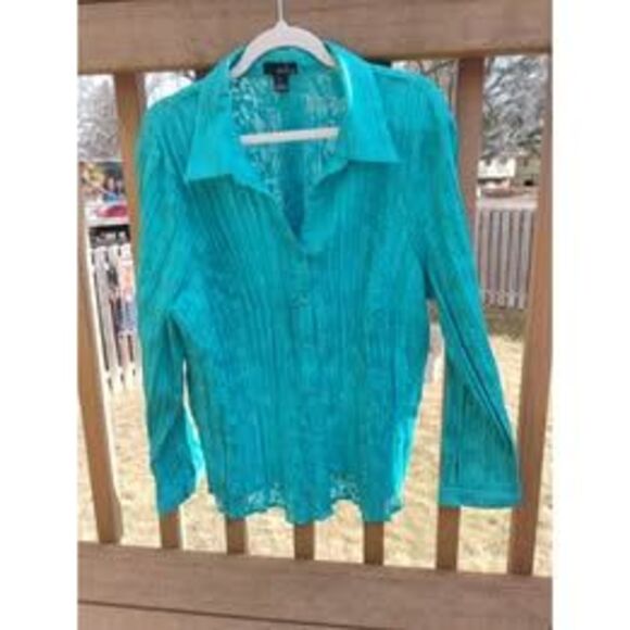 NWT Y2K Erika Woman (2X) Chest - 42" Aqua Blue Sheer Floral Blouse - Picture 2 of 4